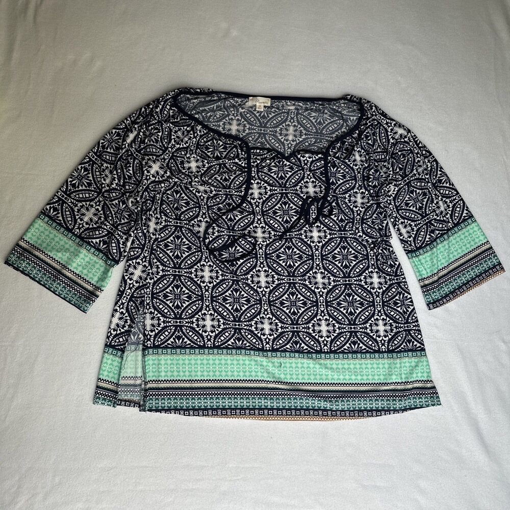 Misia Multicolor Medallion Pullover Tunic Top Plus 2XL Round Tie Neck 3/4 Sleeve